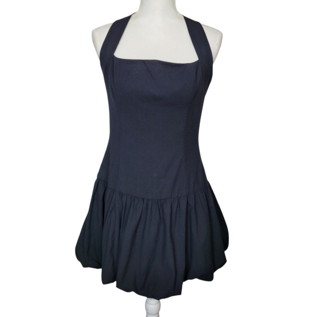 Reformation Babette Black Halter Mini Dress Drop Waist Bubble Hem Size 6
